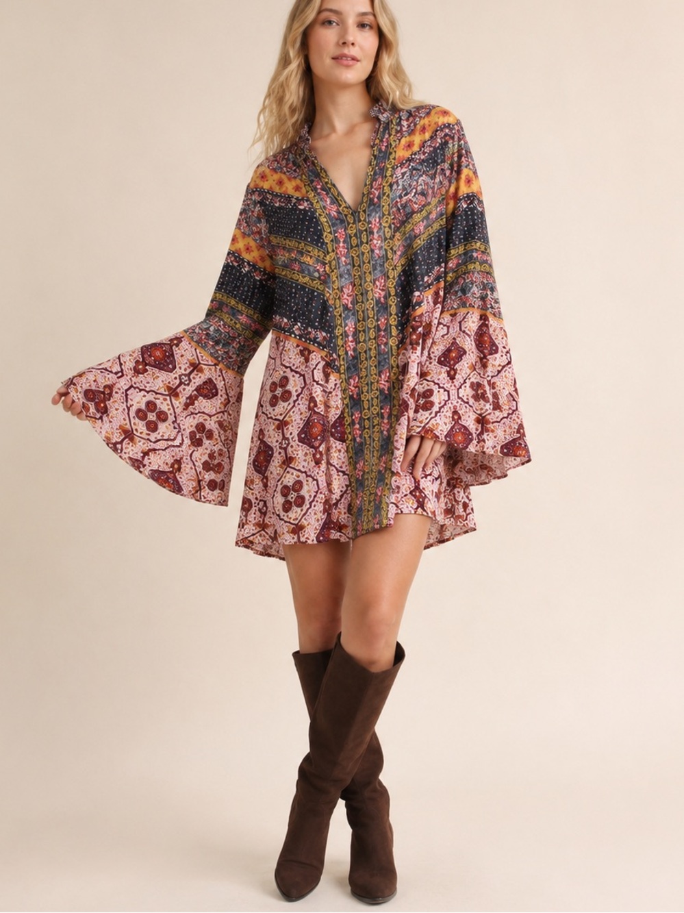 Umgee Boho Mixed Print Tunic Dress Bell Sleeve Ruffle Neck Size Medium